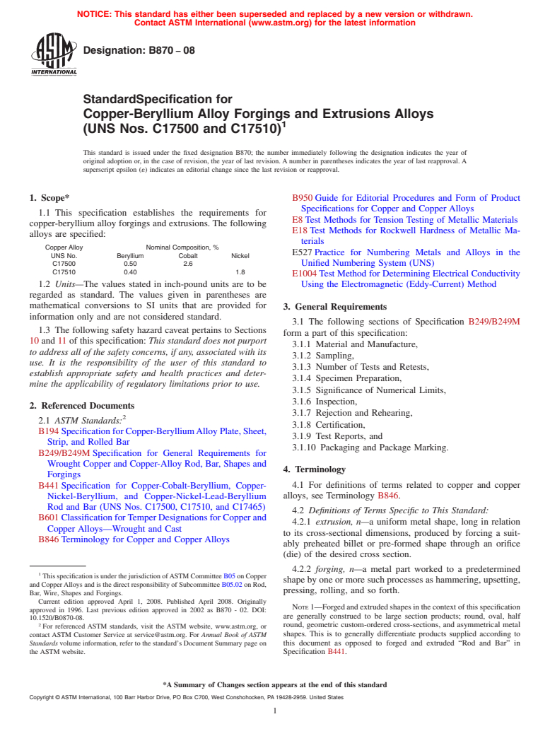 ASTM B870-08 - Standard Specification for  Copper-Beryllium Alloy Forgings and Extrusions Alloys (UNS Nos. C17500 and C17510)