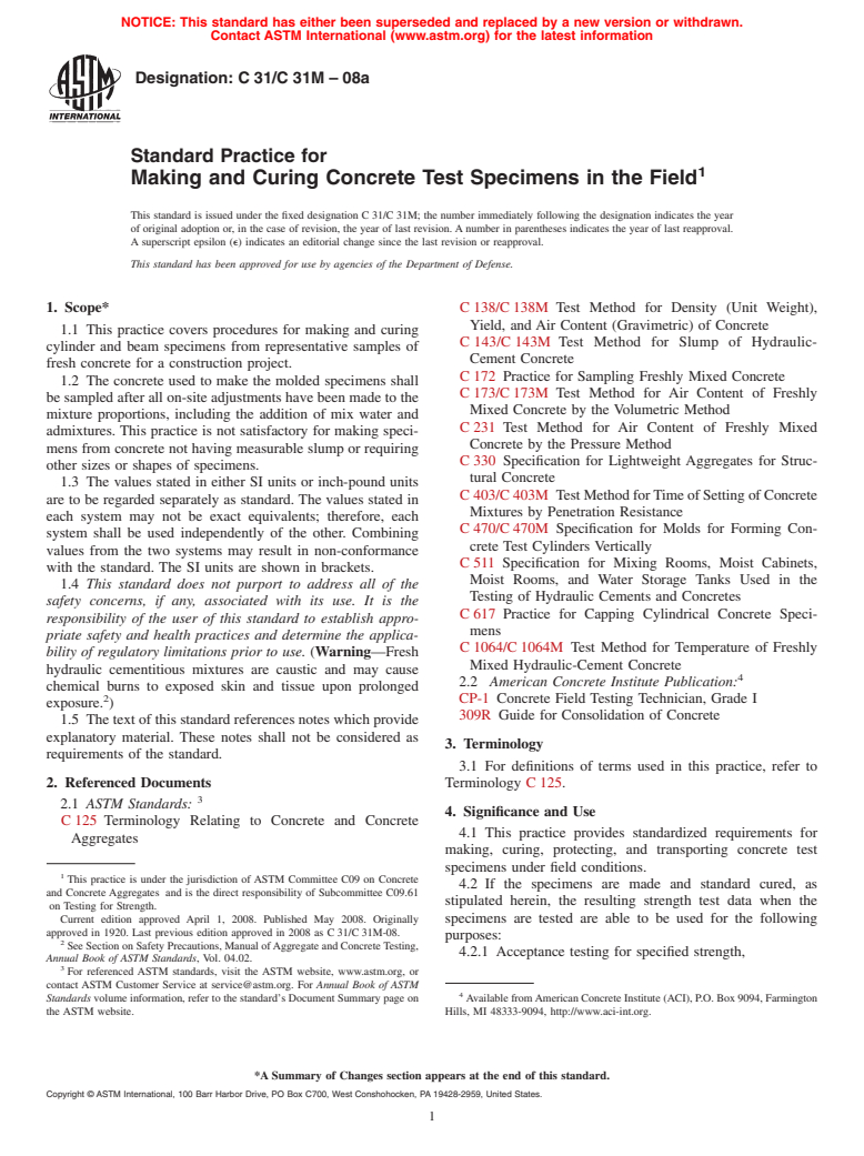 ASTM C31/C31M-08a - Standard Practice for Making and Curing Concrete Test Specimens in the Field