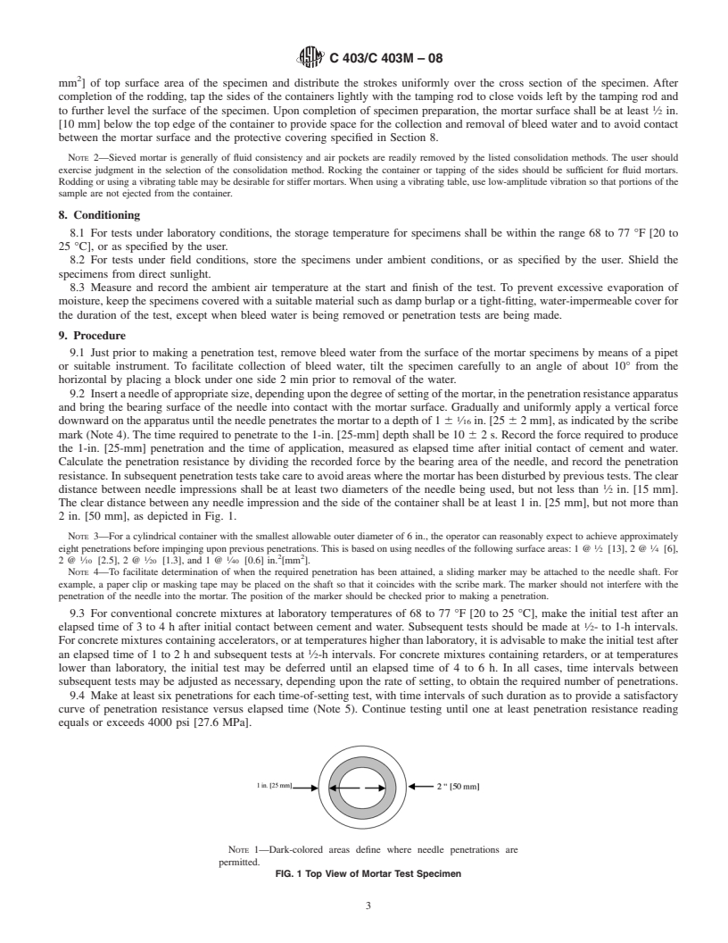 REDLINE ASTM C403/C403M-08 - Standard Test Method for  Time of Setting of Concrete Mixtures by Penetration Resistance