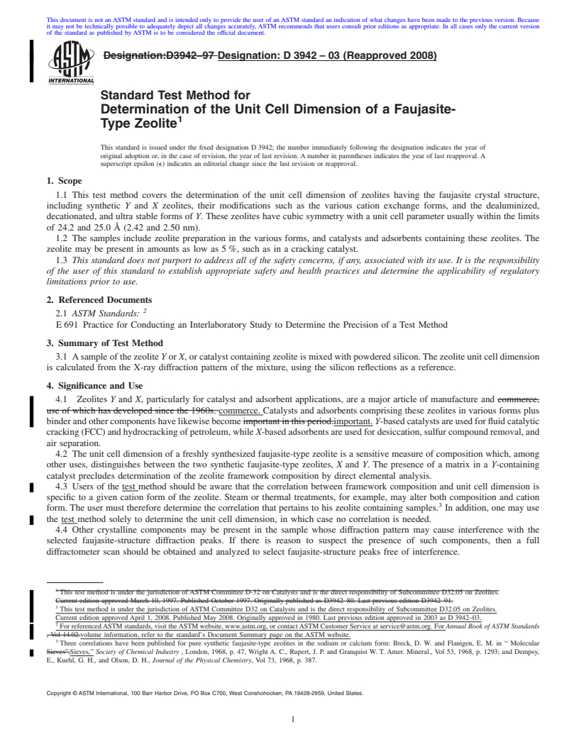 REDLINE ASTM D3942-03(2008) - Standard Test Method for Determination of the Unit Cell Dimension of a Faujasite-Type Zeolite