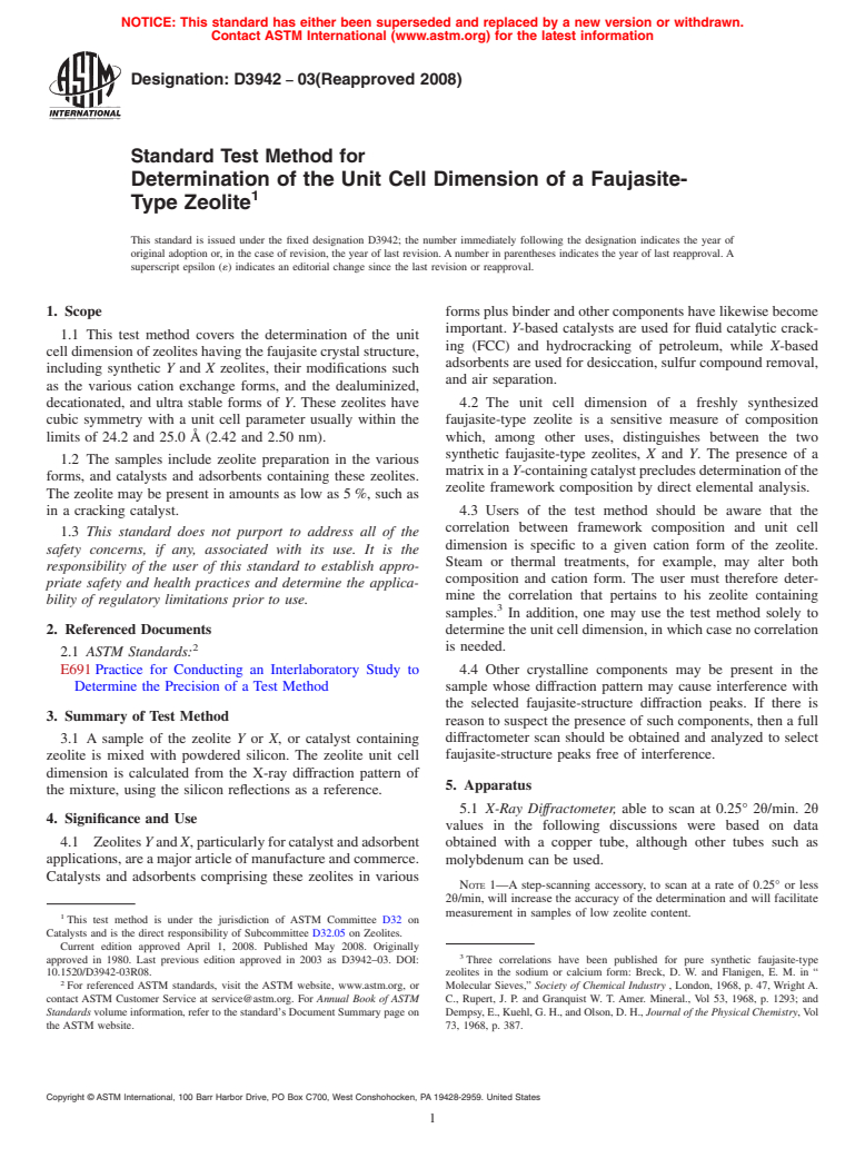 ASTM D3942-03(2008) - Standard Test Method for Determination of the Unit Cell Dimension of a Faujasite-Type Zeolite