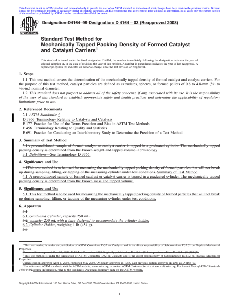 REDLINE ASTM D4164-03(2008) - Standard Test Method for Mechanically Tapped Packing Density of Formed Catalyst and Catalyst Carriers