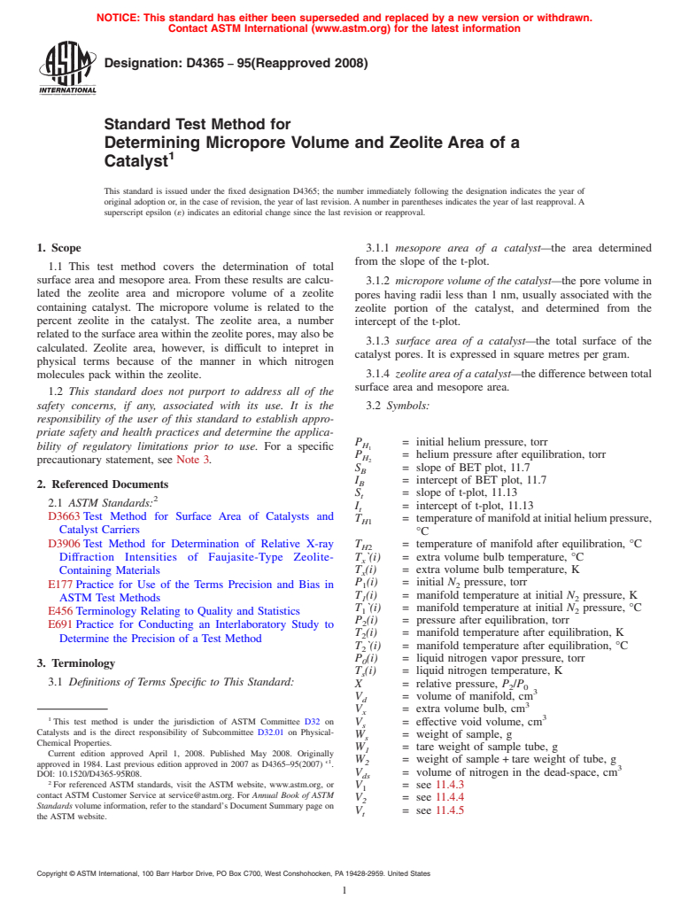 ASTM D4365-95(2008) - Standard Test Method for Determining Micropore Volume and Zeolite Area of a Catalyst