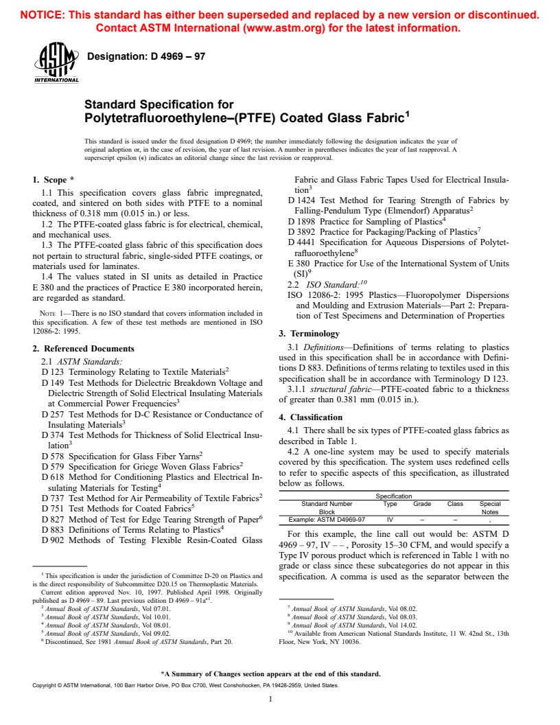 ASTM D4969-97 - Standard Specification for Polytetrafluoroethylene-(PTFE) Coated Glass Fabric