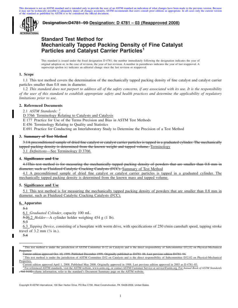 REDLINE ASTM D4781-03(2008) - Standard Test Method for Mechanically Tapped Packing Density of Fine Catalyst Particles and Catalyst Carrier Particles