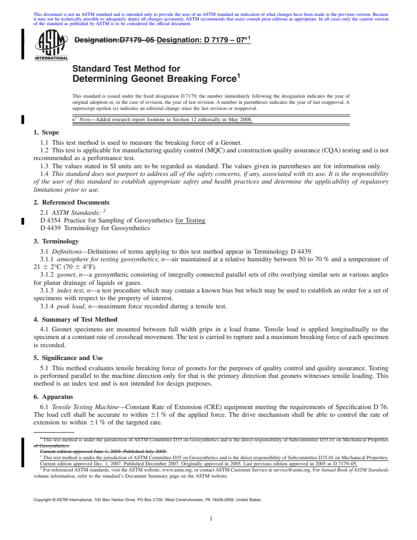 REDLINE ASTM D7179-07e1 - Standard Test Method for Determining Geonet Breaking Force