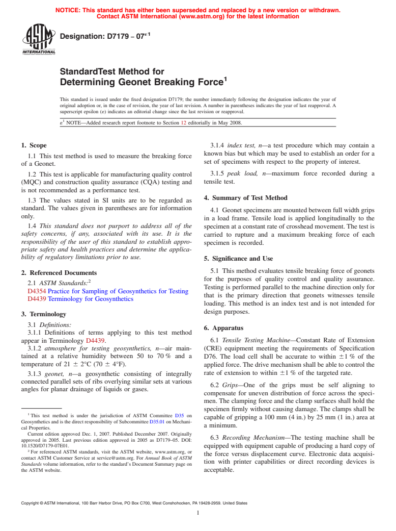 ASTM D7179-07e1 - Standard Test Method for Determining Geonet Breaking Force