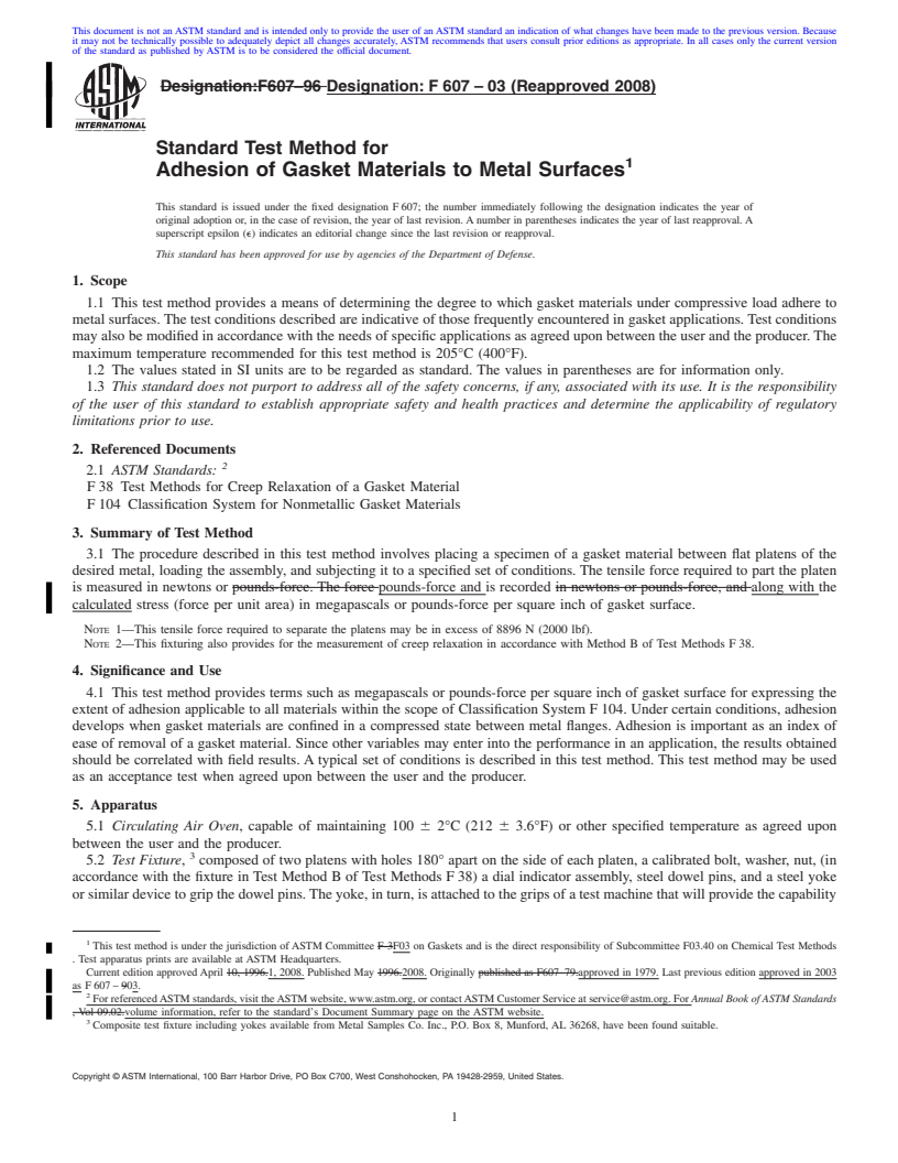 REDLINE ASTM F607-03(2008) - Standard Test Method for  Adhesion of Gasket Materials to Metal Surfaces