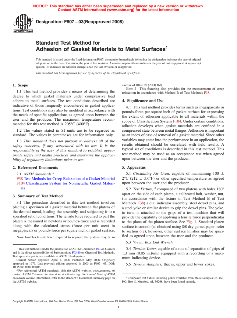 ASTM F607-03(2008) - Standard Test Method for  Adhesion of Gasket Materials to Metal Surfaces