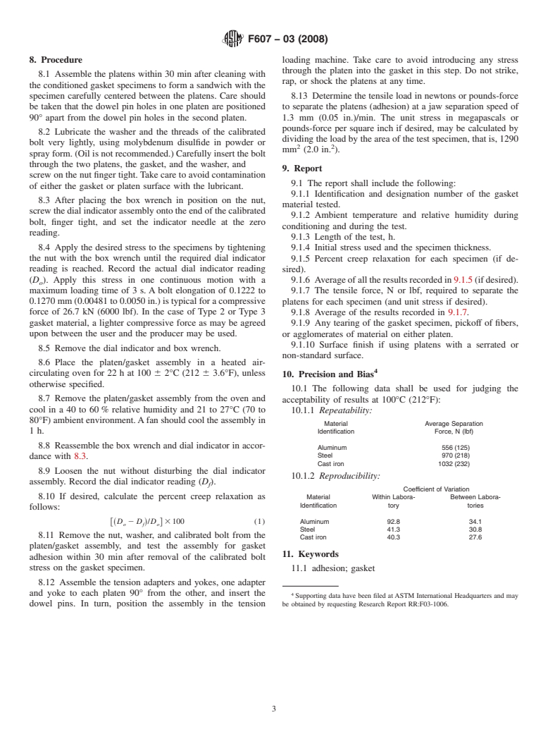 ASTM F607-03(2008) - Standard Test Method for  Adhesion of Gasket Materials to Metal Surfaces