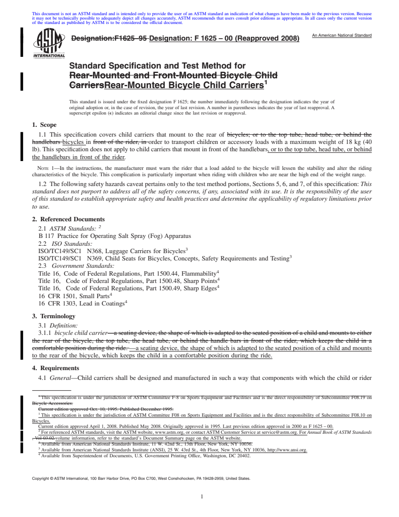 REDLINE ASTM F1625-00(2008) - Standard Specification and Test Method for  Rear-Mounted Bicycle Child Carriers