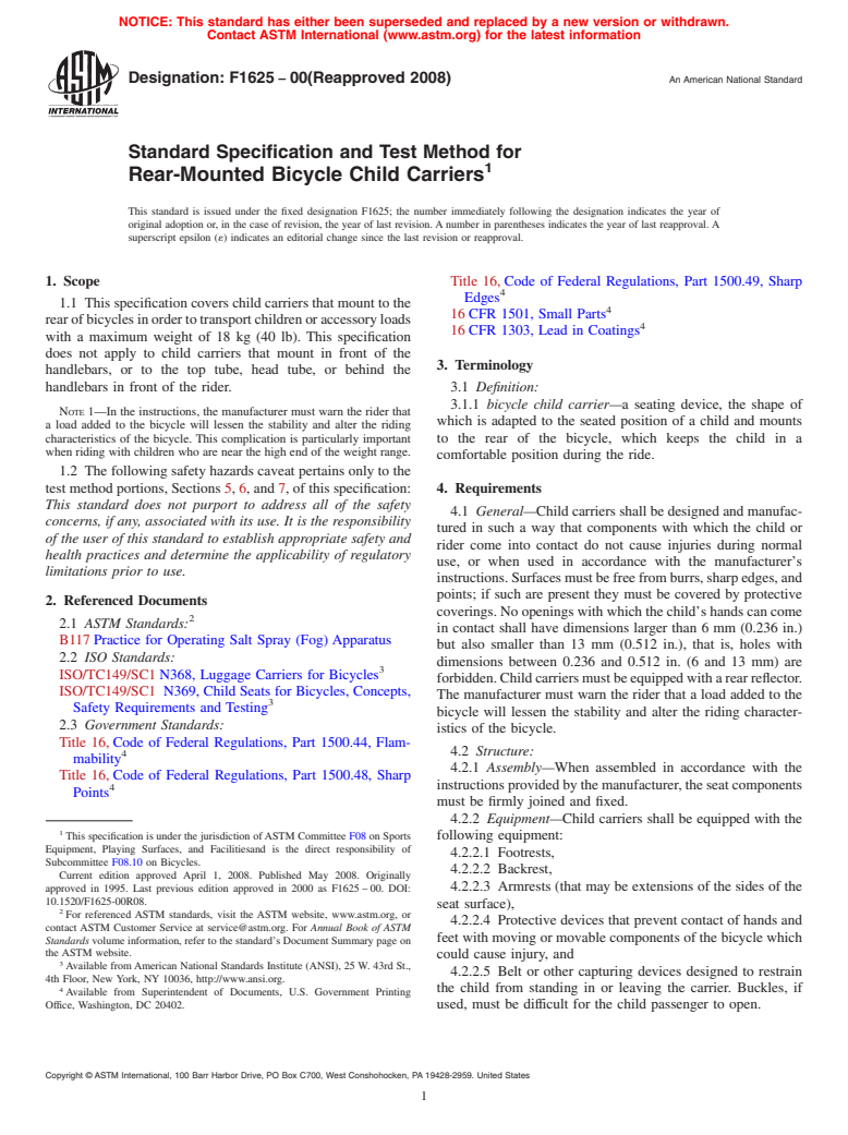 ASTM F1625-00(2008) - Standard Specification and Test Method for  Rear-Mounted Bicycle Child Carriers