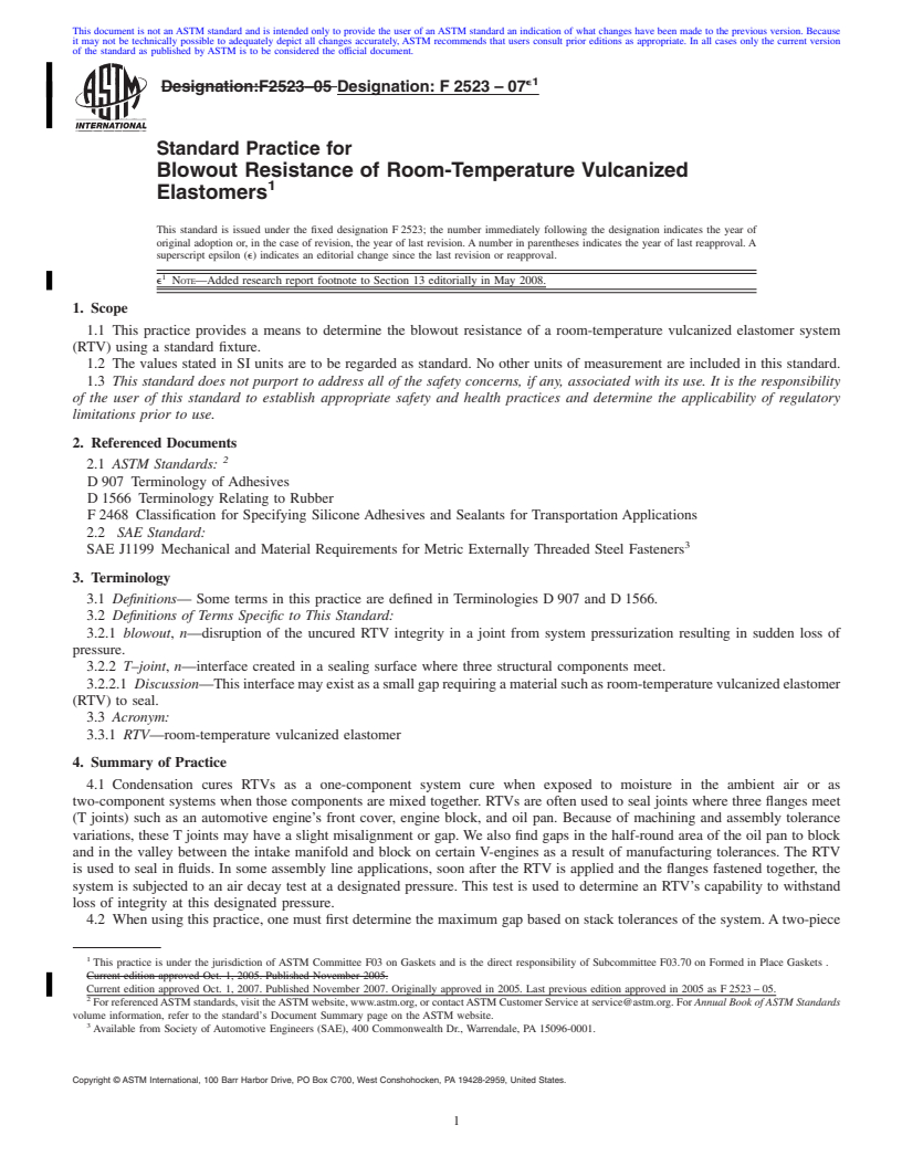 REDLINE ASTM F2523-07e1 - Standard Practice for Blowout Resistance of Room-Temperature Vulcanized Elastomers