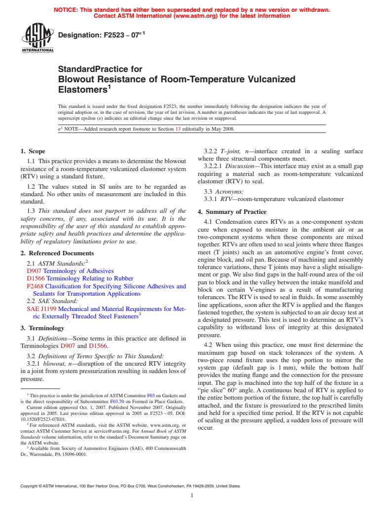 ASTM F2523-07e1 - Standard Practice for Blowout Resistance of Room-Temperature Vulcanized Elastomers