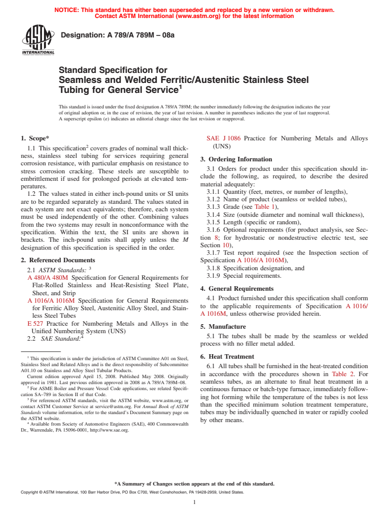 ASTM A789/A789M-08a - Standard Specification for Seamless and Welded Ferritic/Austenitic Stainless Steel Tubing for General Service