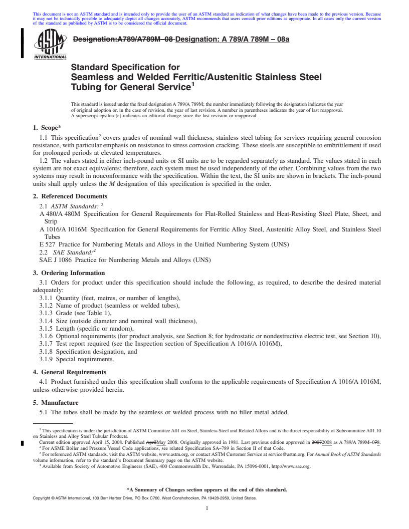 REDLINE ASTM A789/A789M-08a - Standard Specification for Seamless and Welded Ferritic/Austenitic Stainless Steel Tubing for General Service