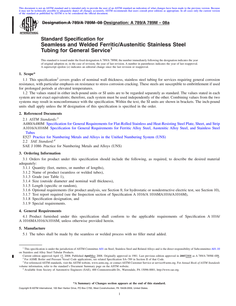 REDLINE ASTM A789/A789M-08a - Standard Specification for Seamless and Welded Ferritic/Austenitic Stainless Steel Tubing for General Service