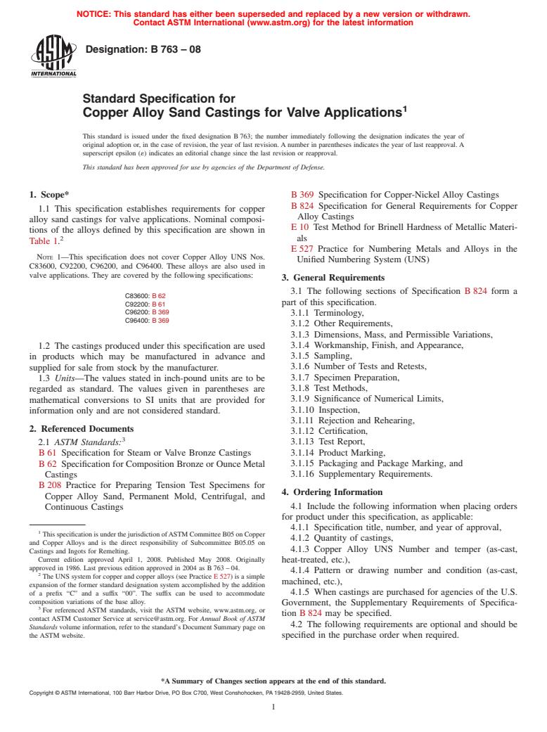 ASTM B763-08 - Standard Specification for Copper Alloy Sand Castings for Valve Applications