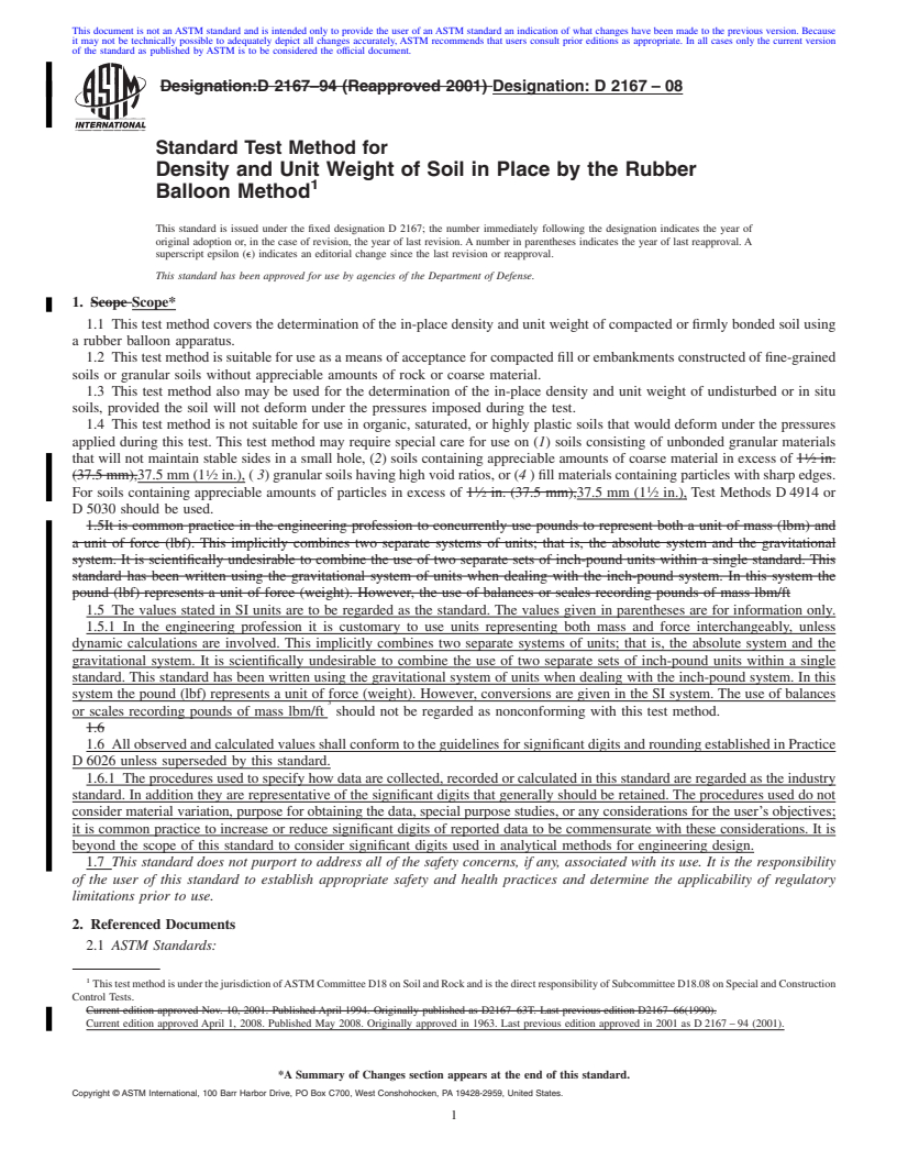 REDLINE ASTM D2167-08 - Standard Test Method for  Density and Unit Weight of Soil in Place by the Rubber Balloon Method