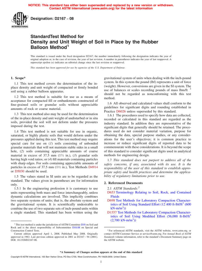 ASTM D2167-08 - Standard Test Method for  Density and Unit Weight of Soil in Place by the Rubber Balloon Method