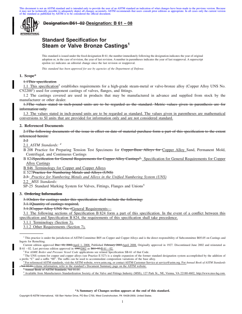 REDLINE ASTM B61-08 - Standard Specification for Steam or Valve Bronze Castings