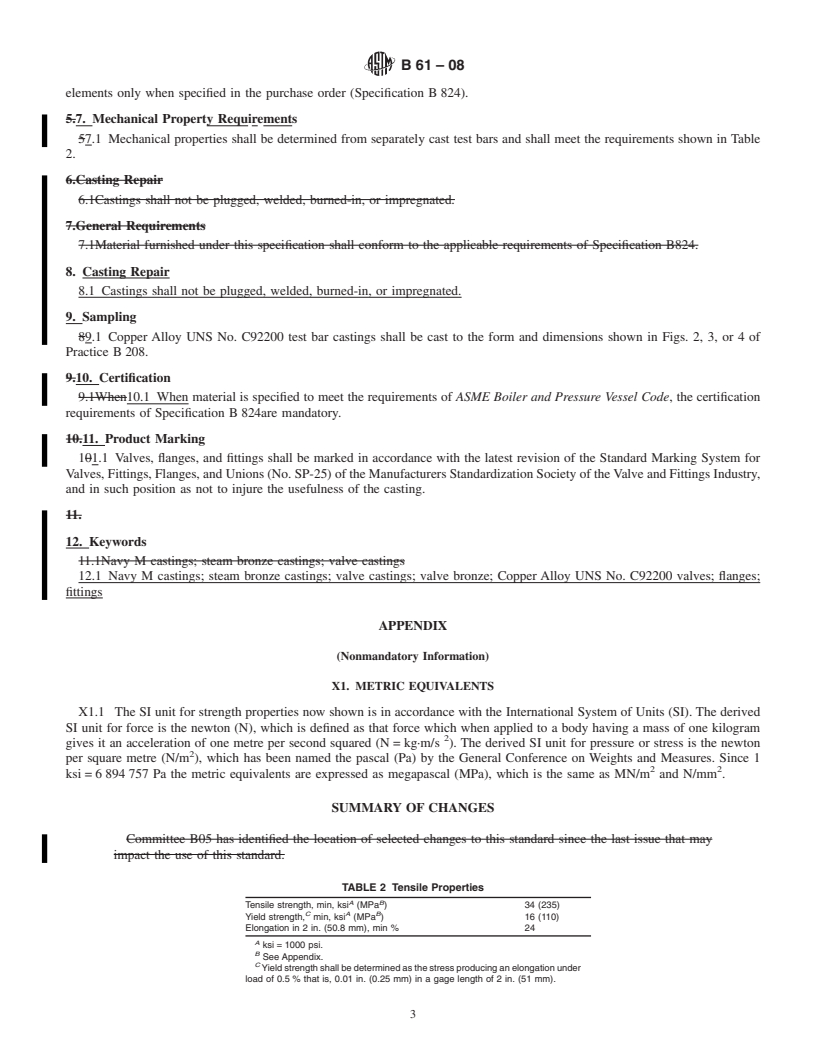 REDLINE ASTM B61-08 - Standard Specification for Steam or Valve Bronze Castings