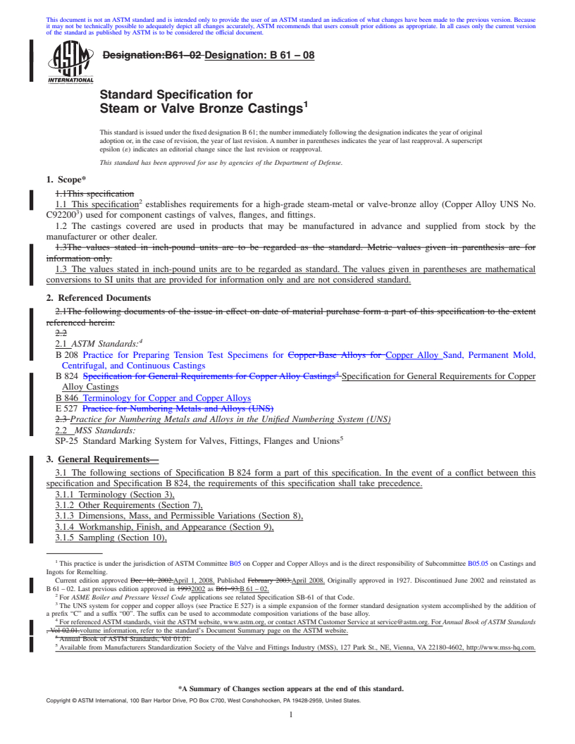 REDLINE ASTM B61-08 - Standard Specification for Steam or Valve Bronze Castings