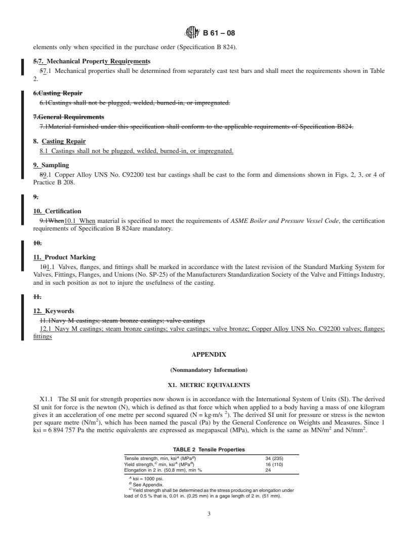 REDLINE ASTM B61-08 - Standard Specification for Steam or Valve Bronze Castings