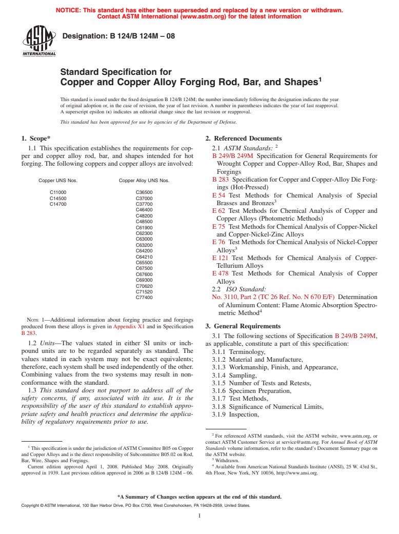 ASTM B124/B124M-08 - Standard Specification for  Copper and Copper Alloy Forging Rod, Bar, and Shapes