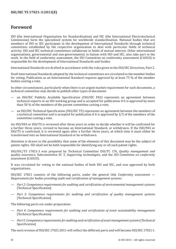 ISO/IEC TS 17021-3:2013 ISO/IEC TS 17021-3:2013 - Conformity assessment -- Requirements for bodies providing audit and certification of management systems - Page 4 preview