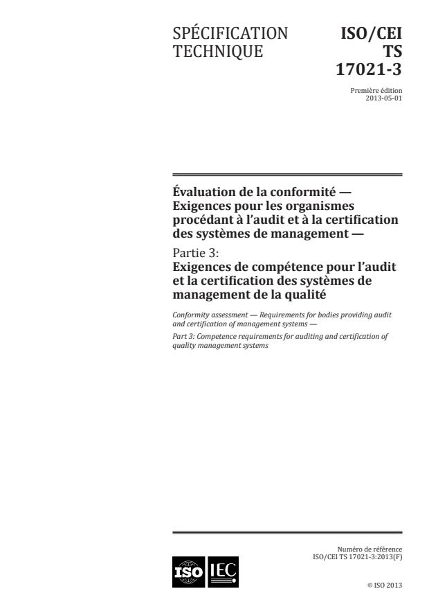 ISO/IEC TS 17021-3:2013 - Évaluation de la conformité -- Exigences pour les organismes procédant a l'audit et a la certification des systemes de management