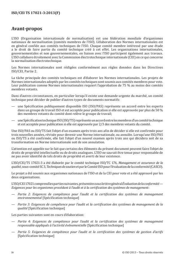 ISO/IEC TS 17021-3:2013 ISO/IEC TS 17021-3:2013 - Évaluation de la conformité -- Exigences pour les organismes procédant a l'audit et a la certification des systemes de management - Page 4 preview
