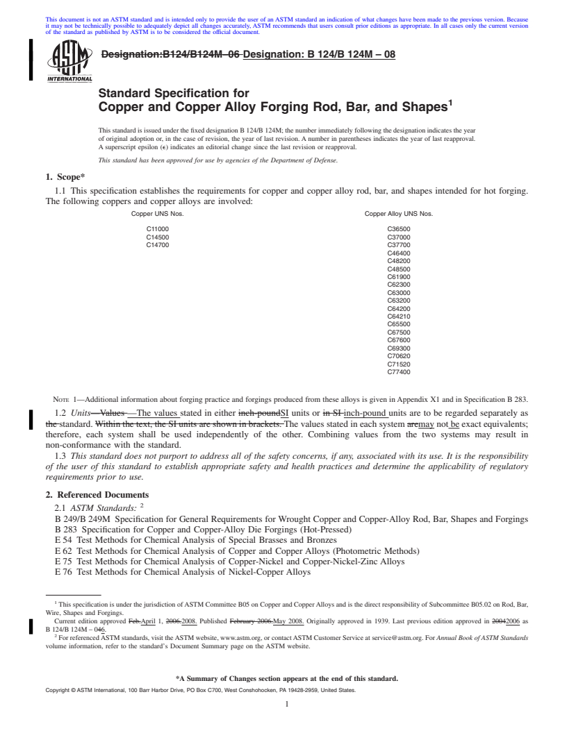 REDLINE ASTM B124/B124M-08 - Standard Specification for  Copper and Copper Alloy Forging Rod, Bar, and Shapes