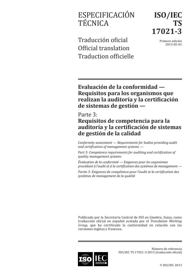 ISO/IEC TS 17021-3:2013 - Conformity assessment -- Requirements for bodies providing audit and certification of management systems