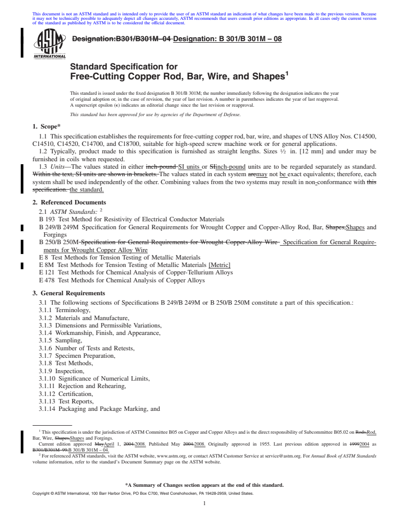 REDLINE ASTM B301/B301M-08 - Standard Specification for Free-Cutting Copper Rod, Bar, Wire, and Shapes