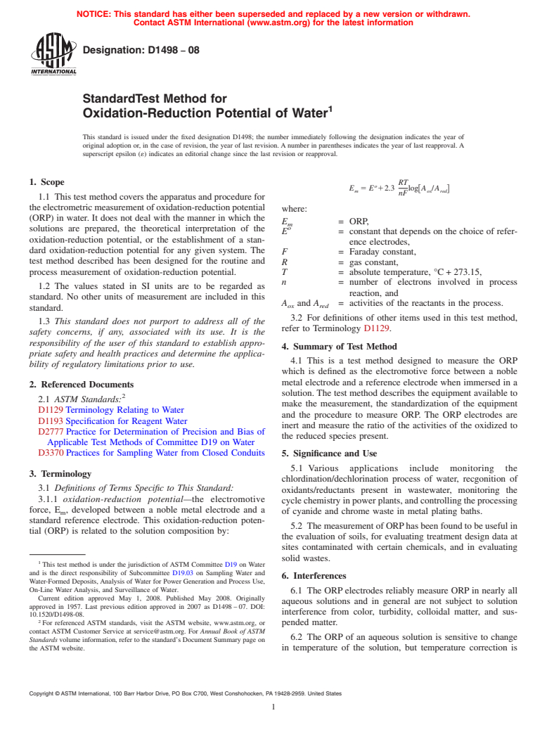 ASTM D1498-08 - Standard Test Method for  Oxidation-Reduction Potential of Water