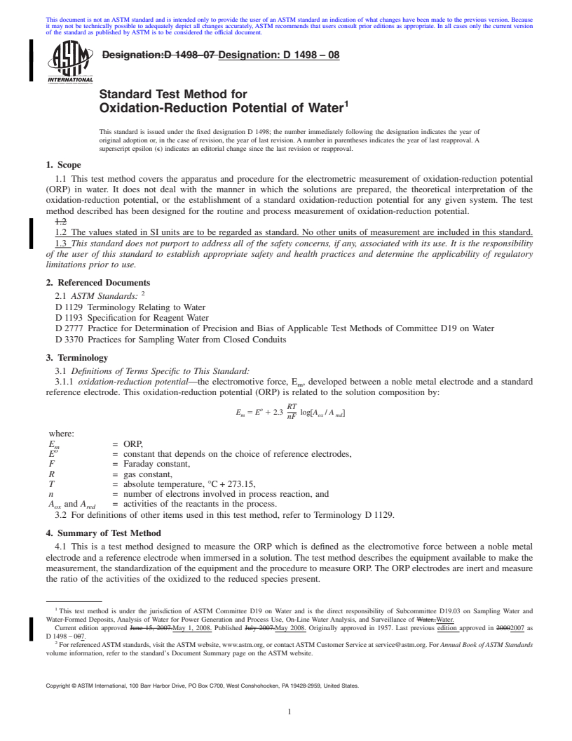 REDLINE ASTM D1498-08 - Standard Test Method for  Oxidation-Reduction Potential of Water