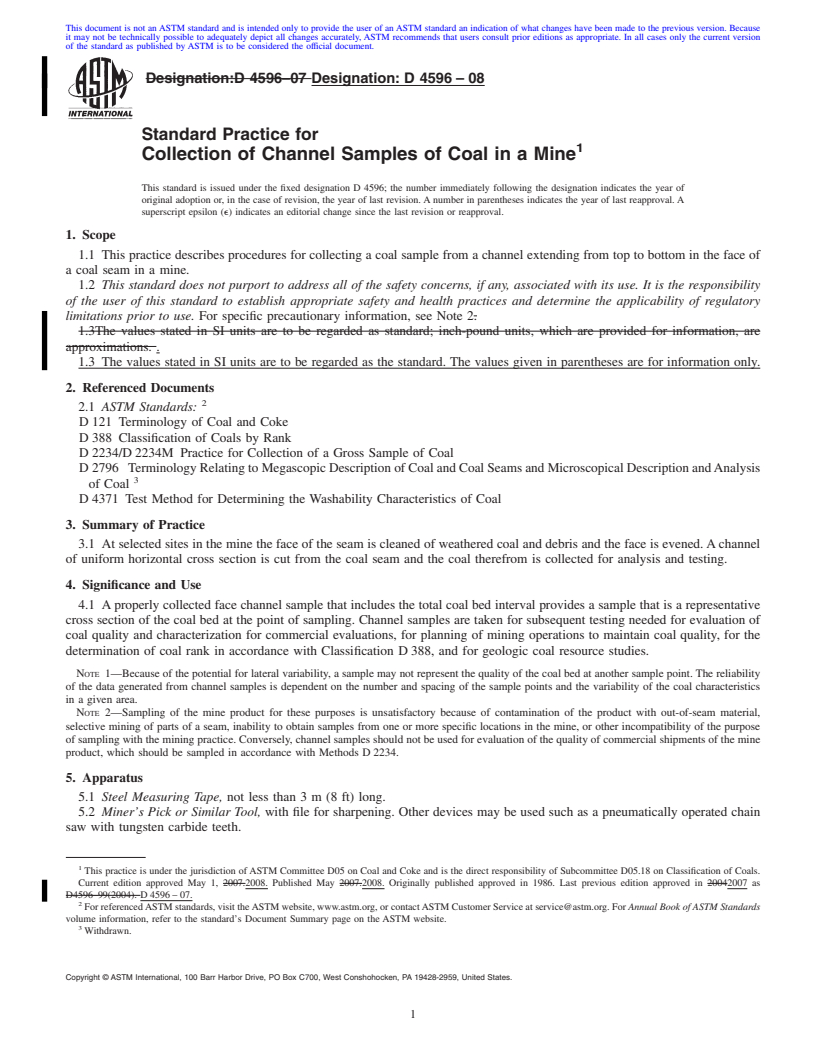 REDLINE ASTM D4596-08 - Standard Practice for  Collection of Channel Samples of Coal in a Mine