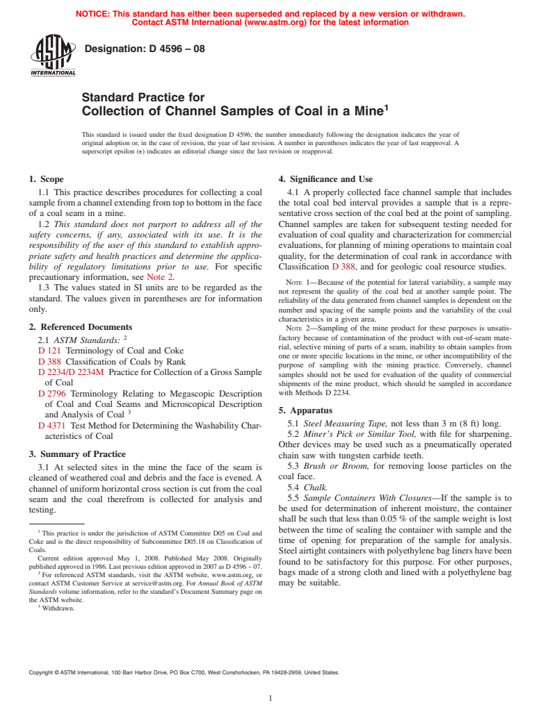 ASTM D4596-08 - Standard Practice for  Collection of Channel Samples of Coal in a Mine