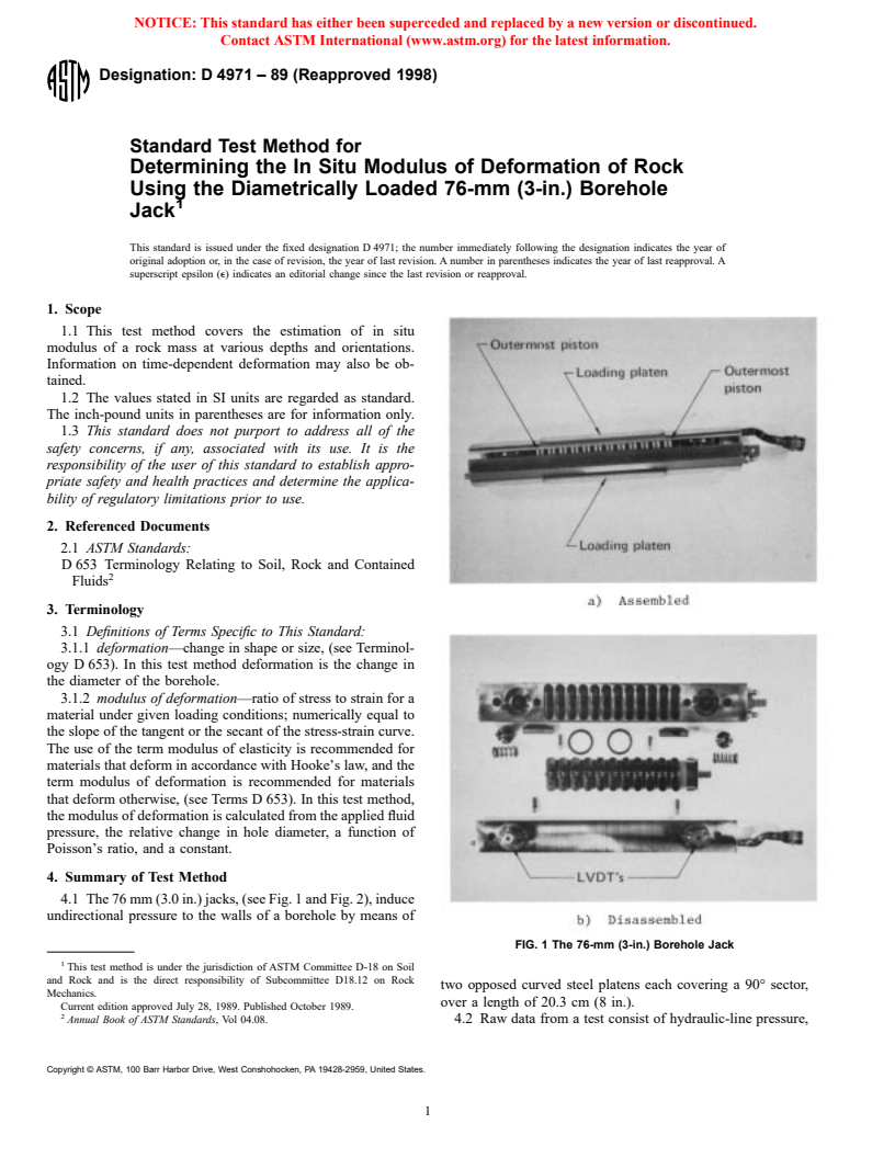 ASTM D4971-89(1998) - Standard Test Method for Determining the In Situ Modulus of Deformation of Rock Using the Diametrically Loaded 76-mm (3-in.) Borehole Jack