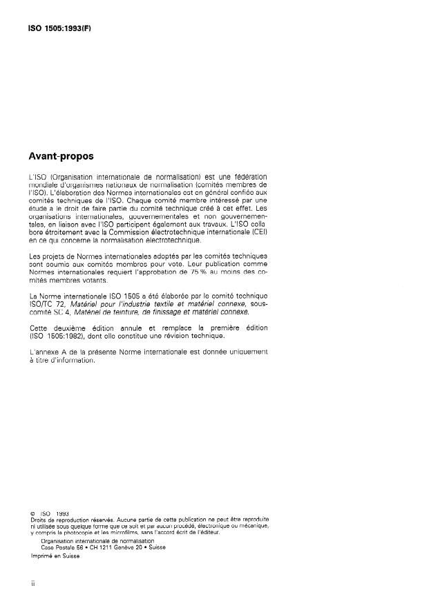 ISO 1505:1993 ISO 1505:1993 - Matériel pour l'industrie textile -- Largeurs relatives aux matériels de teinture et de finissage -- Définitions et gamme de largeurs nominales - Page 2 preview