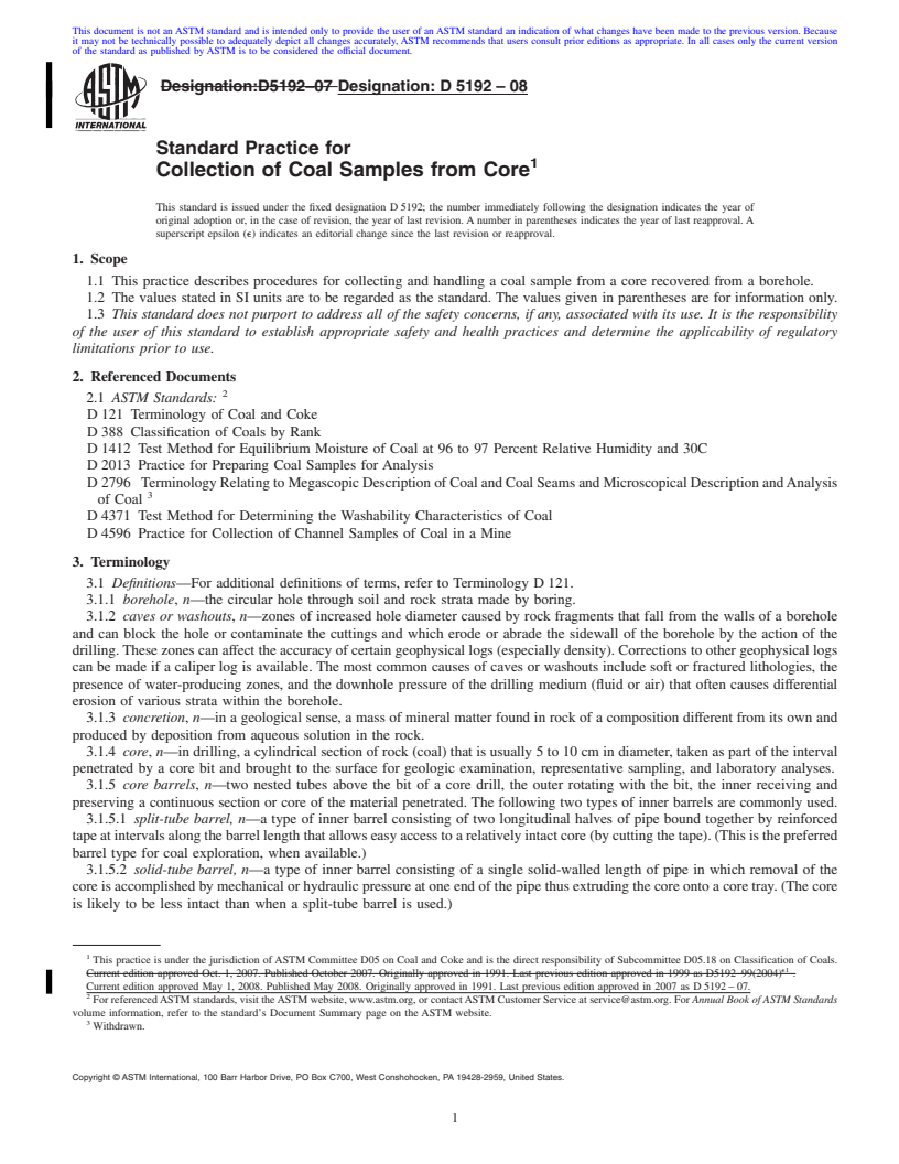 REDLINE ASTM D5192-08 - Standard Practice for Collection of Coal Samples from Core