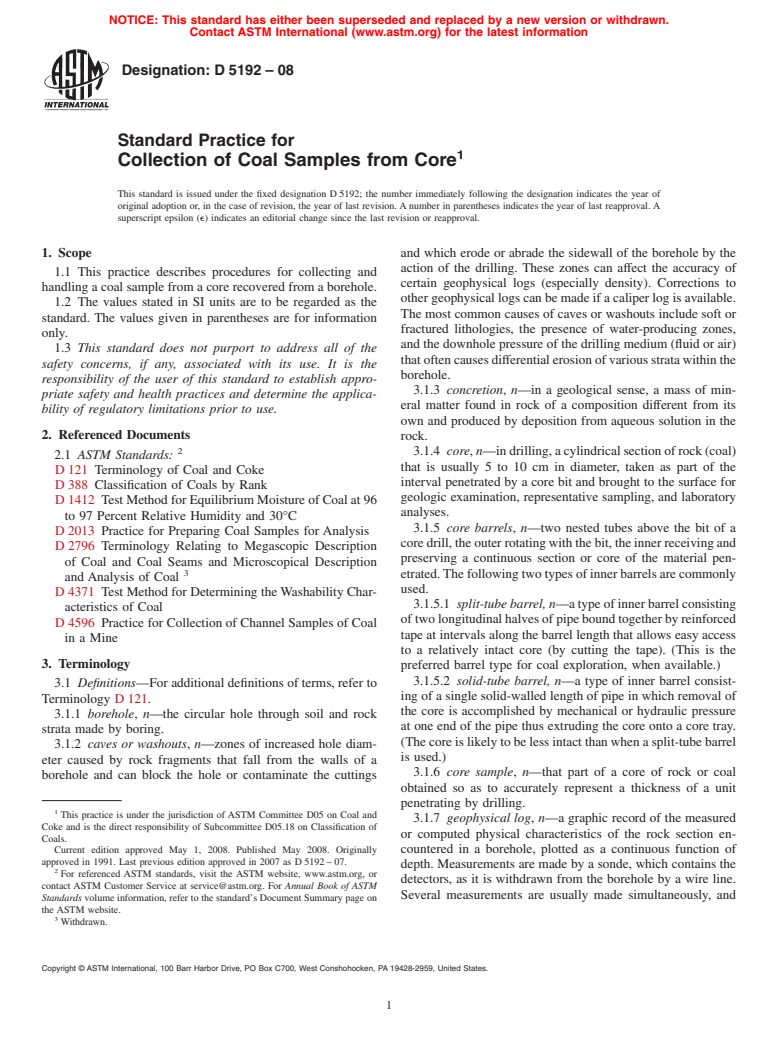 ASTM D5192-08 - Standard Practice for Collection of Coal Samples from Core