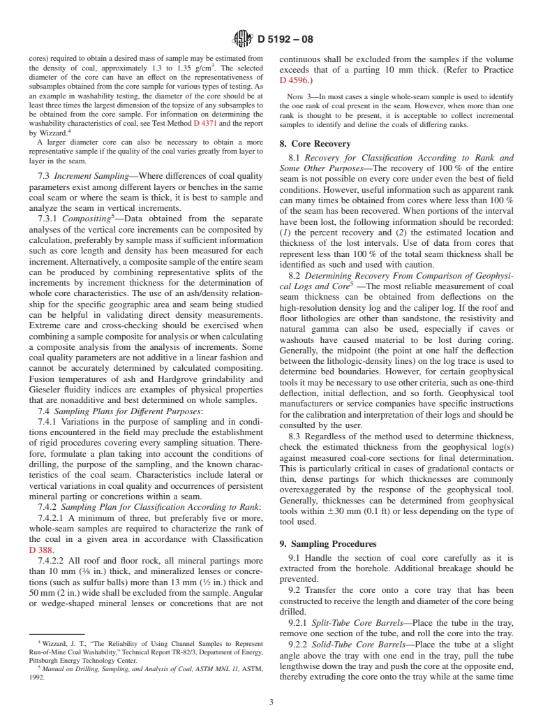 ASTM D5192-08 - Standard Practice for Collection of Coal Samples from Core