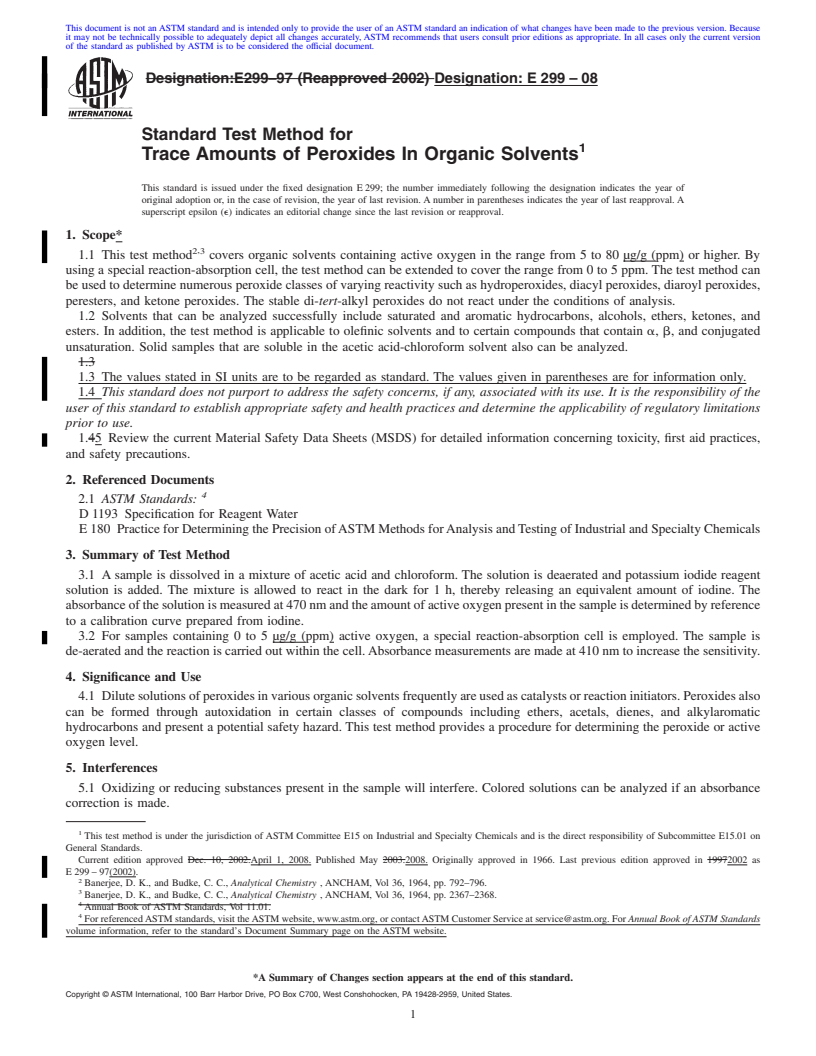 REDLINE ASTM E299-08 - Standard Test Method for Trace Amounts of Peroxides In Organic Solvents