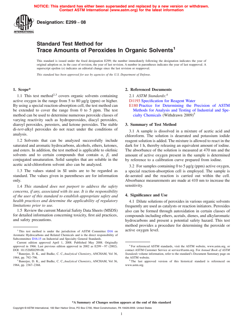 ASTM E299-08 - Standard Test Method for Trace Amounts of Peroxides In Organic Solvents