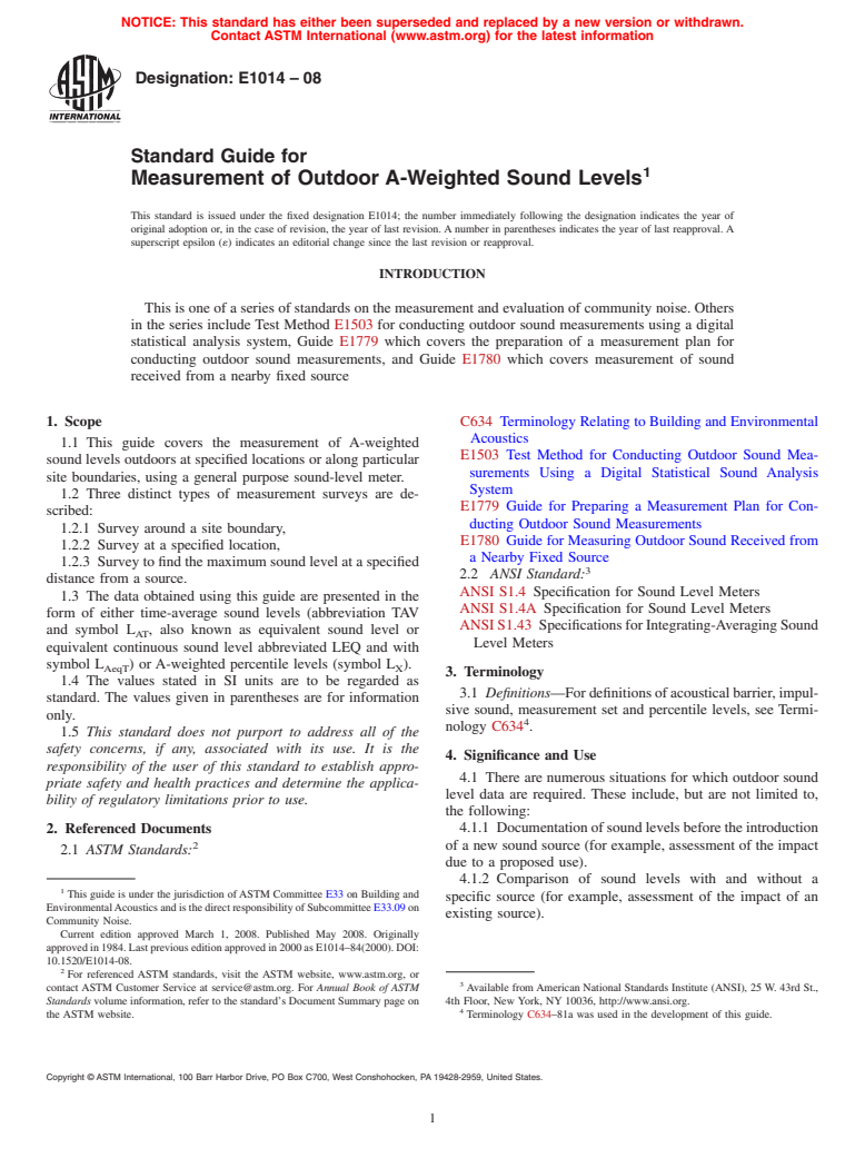 ASTM E1014-08 - Standard Guide for  Measurement of Outdoor A-Weighted Sound Levels