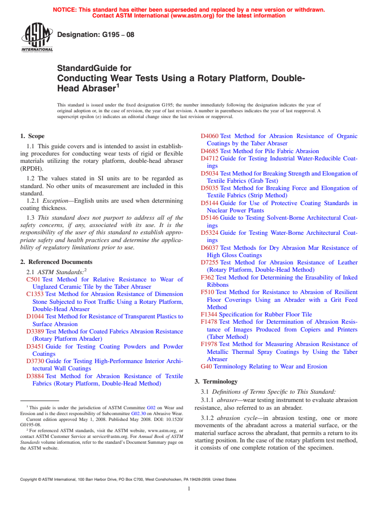 ASTM G195-08 - Standard Guide for Conducting Wear Tests Using a Rotary Platform, Double-Head Abraser