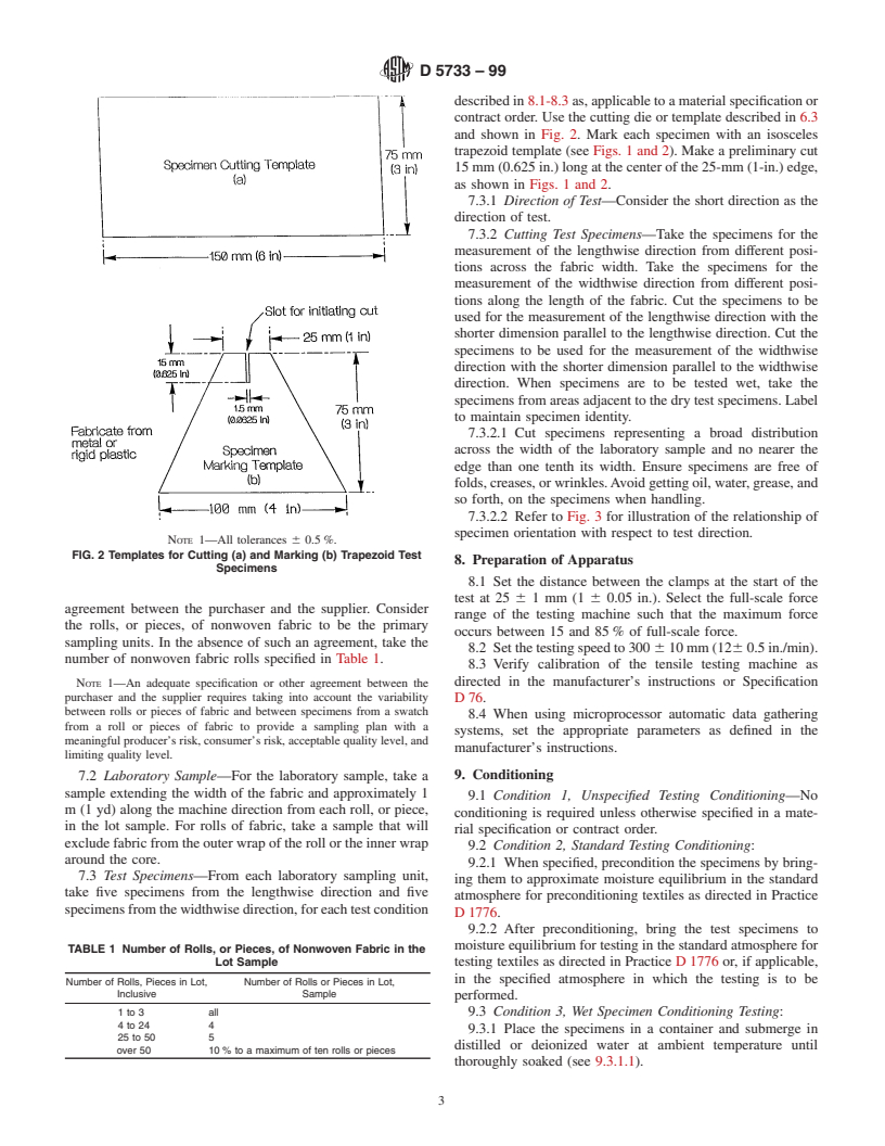 ASTM D5733-99 - Standard Test Method for Tearing Strength of Nonwoven Fabrics by the Trapezoid Procedure (Withdrawn 2008)