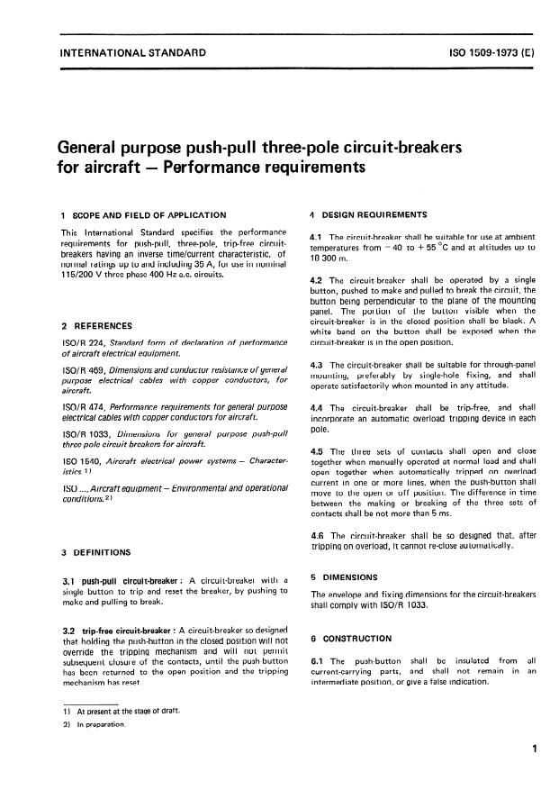 ISO 1509:1973 - General purpose push-pull three-pole circuit-breakers for aircraft -- Performance requirements
